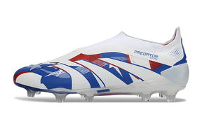 Chuteira Adidas Predator Elite FG LL - Azul, Branca e Vermelha com design vibrante e inovador.