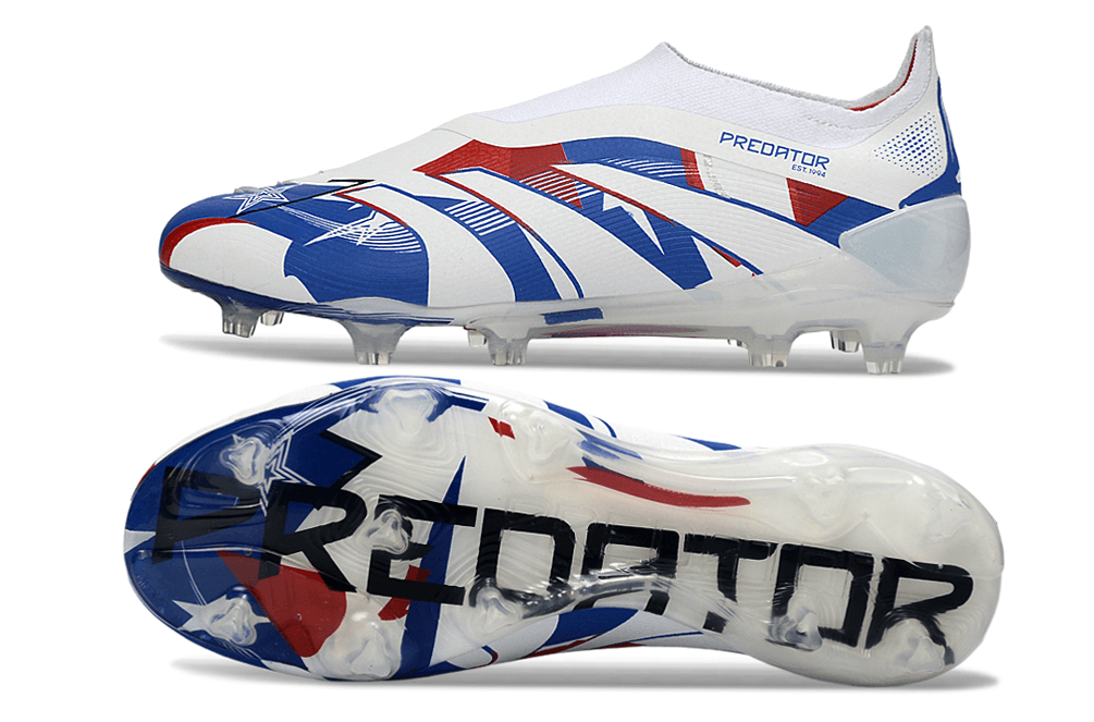 Chuteira Adidas Predator Elite FG LL - Azul, Branca e Vermelha com design vibrante e tecnologia de ponta.