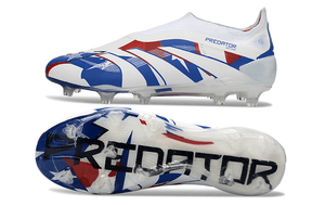Chuteira Adidas Predator Elite FG LL - Azul, Branca e Vermelha com design vibrante e tecnologia de ponta.