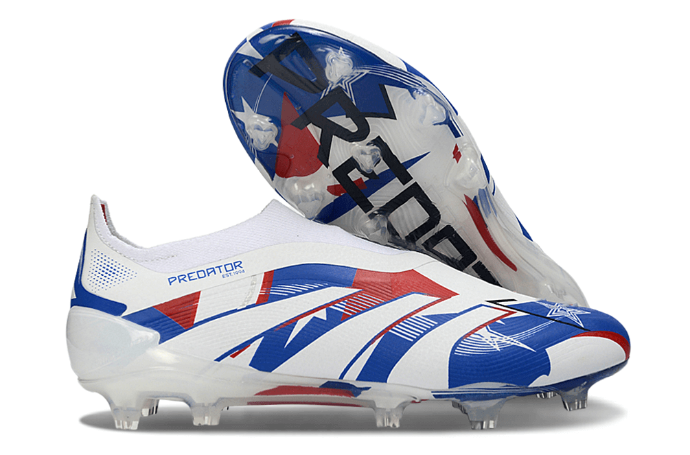 Chuteira Adidas Predator Elite FG LL - Azul, Branca e Vermelha com design vibrante e tecnologia de ponta.