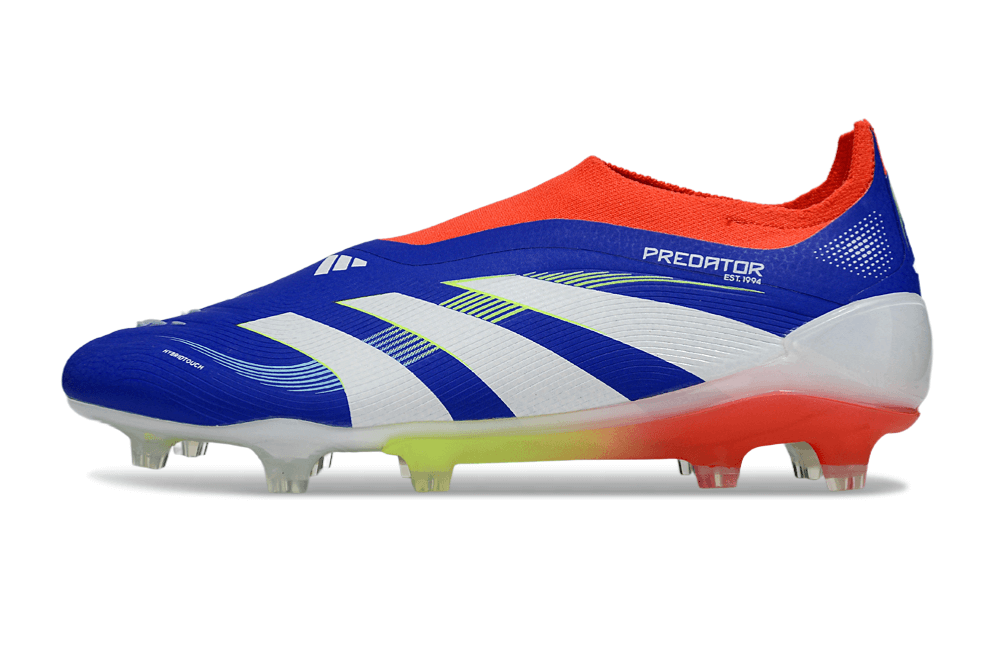 Chuteira Adidas Predator Elite FG LL - Azul, Vermelha e Amarela com design tricolor vibrante.
