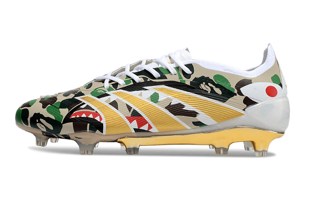 Chuteira Adidas Predator Elite FG - Bape com design icônico e sola FG para aderência em campos naturais.