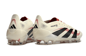 Chuteira Adidas Predator Elite FG - Bege, Preta e Vermelha, com design sofisticado e tecnologia avançada.