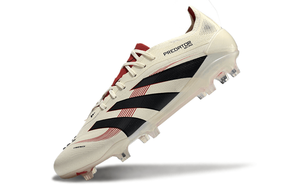 Chuteira Adidas Predator Elite FG - Bege, Preta e Vermelha com design tricolor e tecnologia de ponta