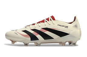 Chuteira Adidas Predator Elite FG - Bege, Preta e Vermelha com design tricolor e desempenho em campo.