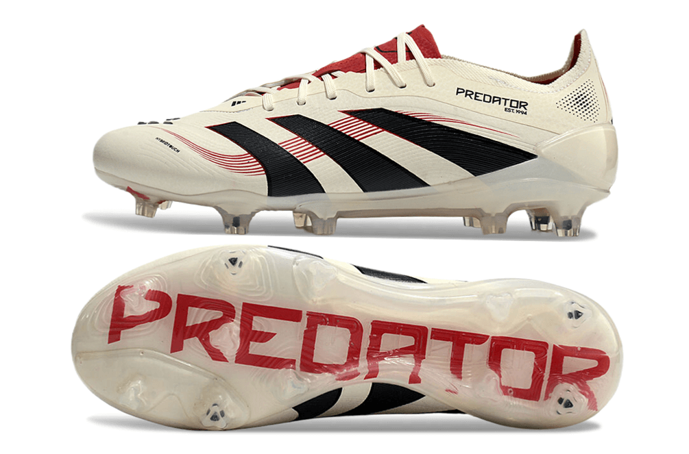 Chuteira Adidas Predator Elite FG - Bege, Preta e Vermelha com design sofisticado e tecnologia de ponta.