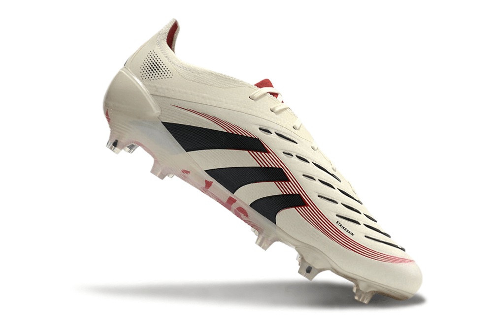 Chuteira Adidas Predator Elite FG - Bege, Preta e Vermelha com design tricolor sofisticado e tecnologia avançada.