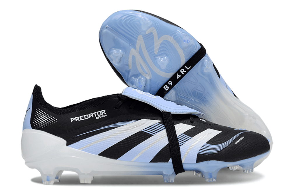 Chuteira Adidas Predator Elite FG Tongue Preta Ed. "Bellingham" com design clássico e tecnologia de ponta.