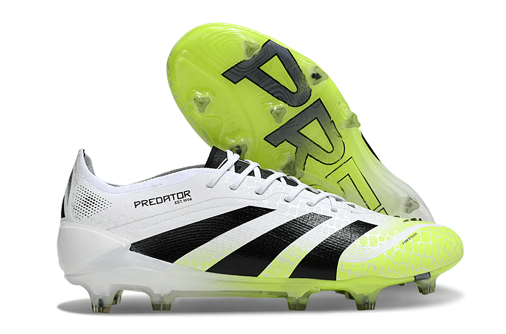 Chuteira Adidas Predator Elite FG - Branca e Amarela com design moderno e funcional, ideal para controle em campo.