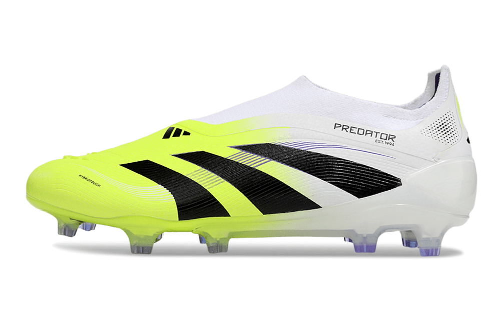 Chuteira Adidas Predator Elite FG - Branca e Amarela com design vibrante e tecnologia para desempenho em campo.