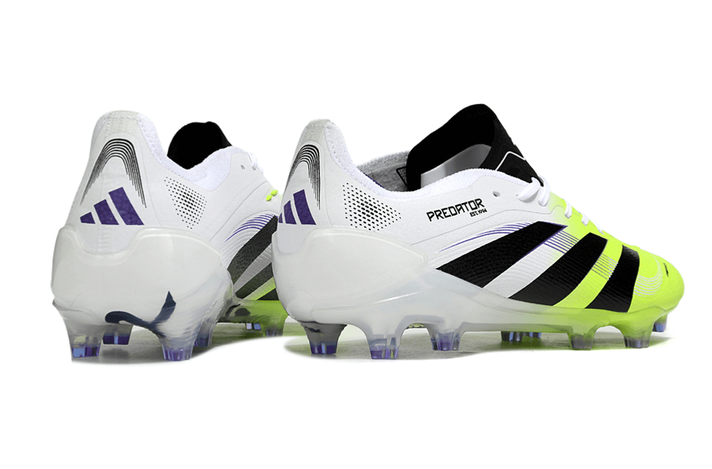 Chuteira Adidas Predator Elite FG - Branca e Amarela, vista traseira mostrando o design e as cores vibrantes.