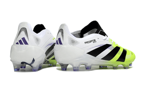 Chuteira Adidas Predator Elite FG - Branca e Amarela, vista traseira mostrando o design e as cores vibrantes.