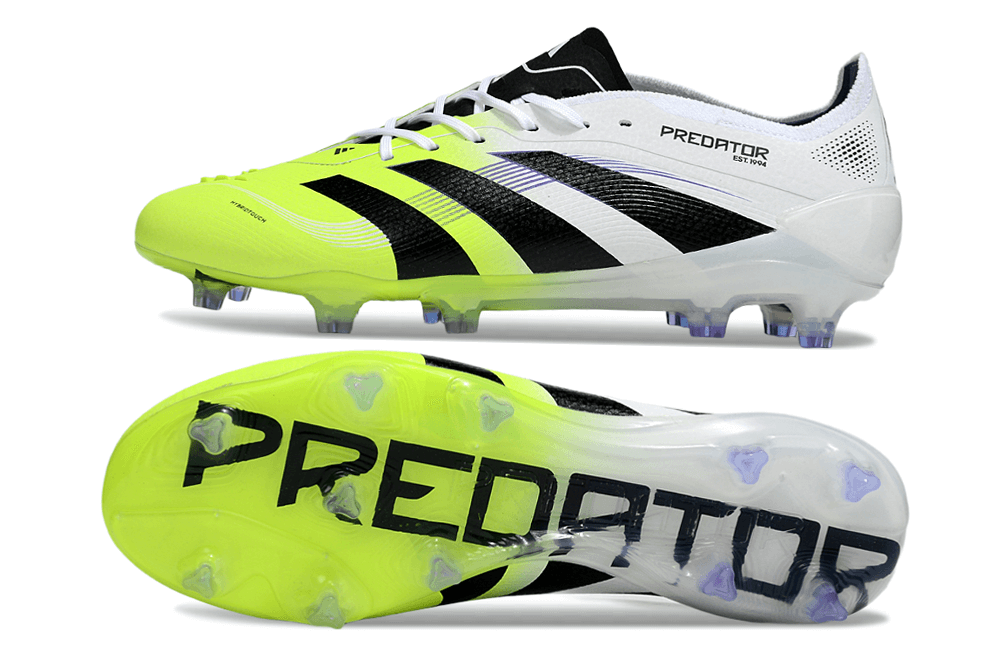 Chuteira Adidas Predator Elite FG - Branca e Amarela vista lateral e sola inovadora para controle e precisão no futebol.