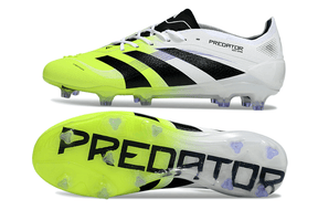 Chuteira Adidas Predator Elite FG - Branca e Amarela vista lateral e sola inovadora para controle e precisão no futebol.