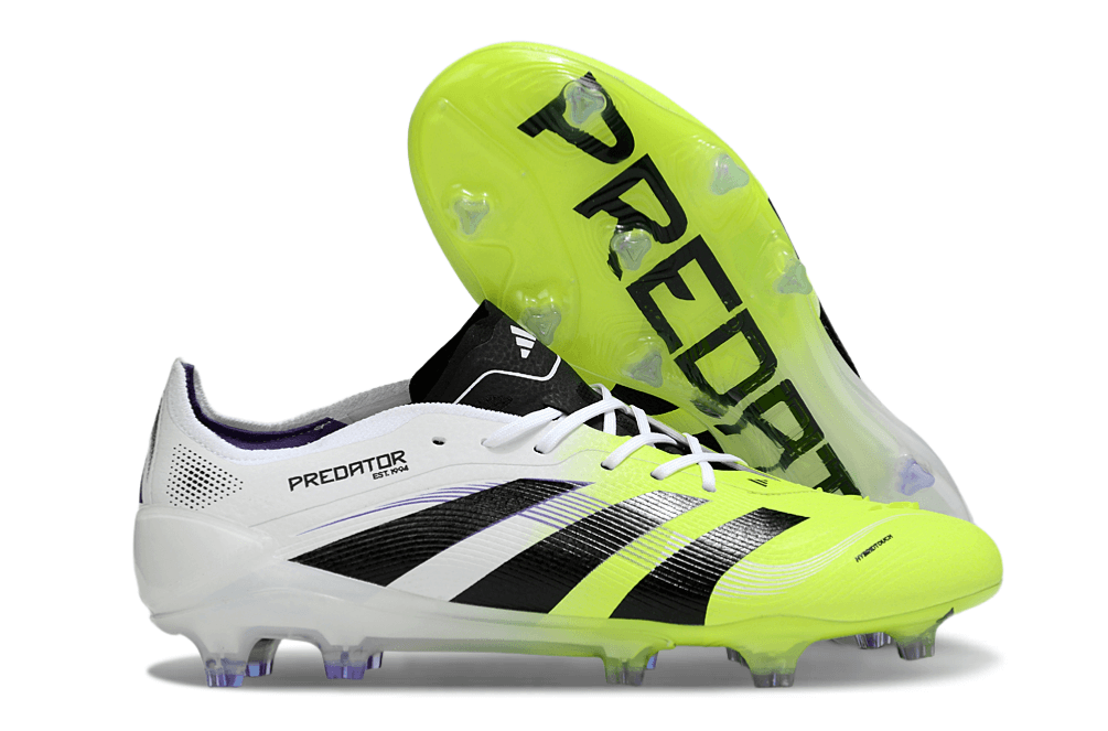 Chuteira Adidas Predator Elite FG - Branca e Amarela com design moderno e tecnologia de controle de bola.