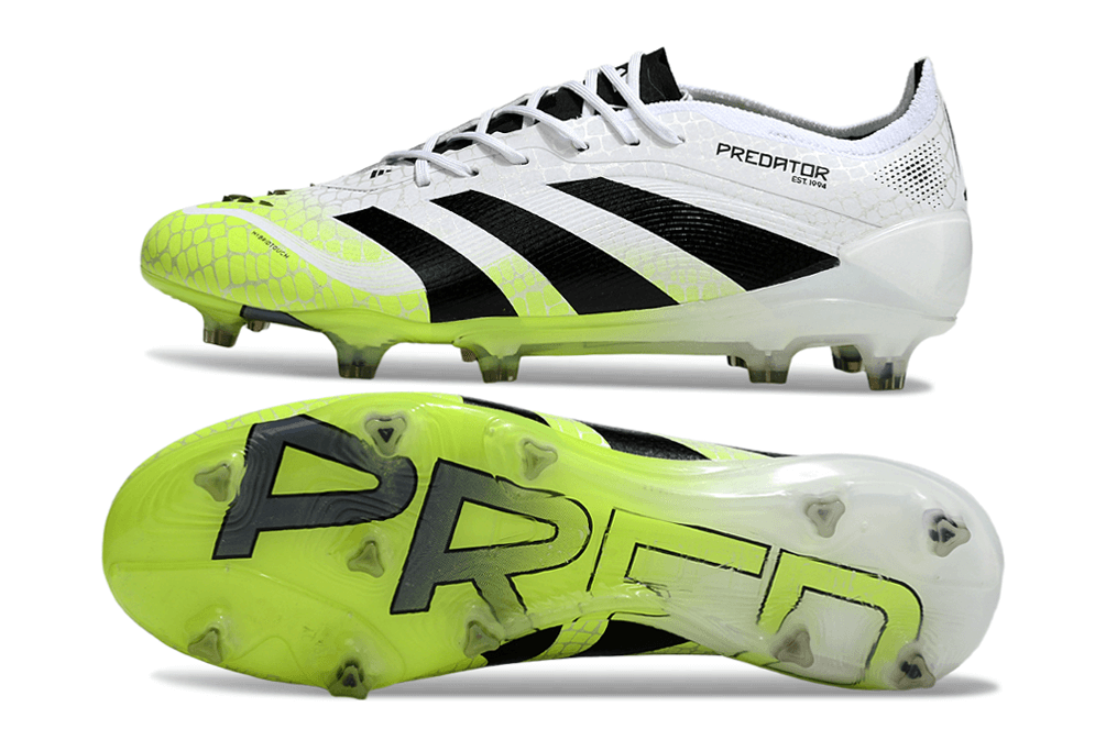 Chuteira Adidas Predator Elite FG - Branca e Amarela mostrando design aerodinâmico e sola com tração.