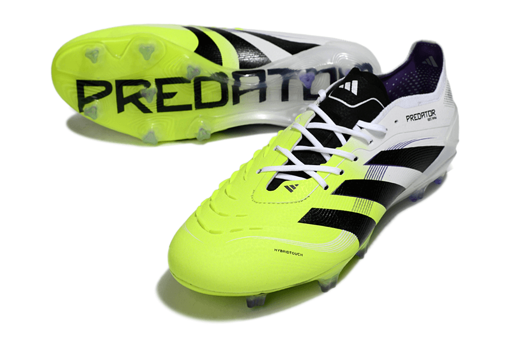 Chuteira Adidas Predator Elite FG - Branca e Amarela com design ousado em amarelo e preto para controle e precisão no campo.