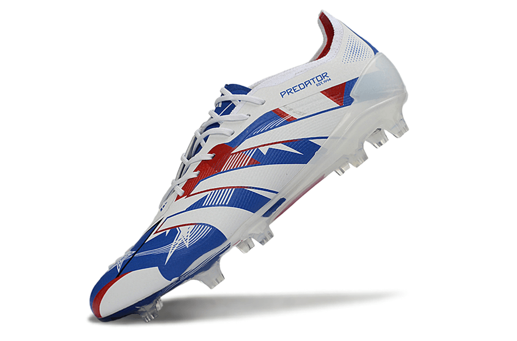 Chuteira Adidas Predator Elite FG - Branca e Azul em fundo branco, destacando design e cores vibrantes.