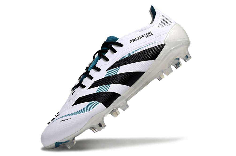 Chuteira Adidas Predator Elite FG - Branca e Azul com design moderno e tecnologia de controle.
