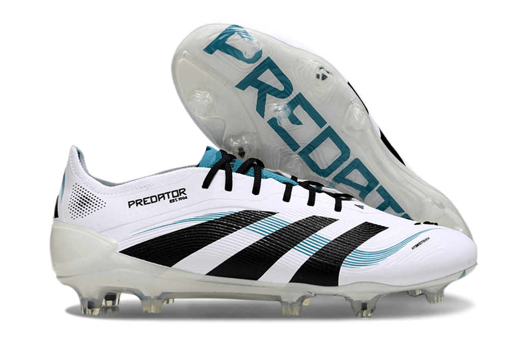 Chuteira Adidas Predator Elite FG - Branca e Azul com design moderno e tecnologia avançada em controle de bola.