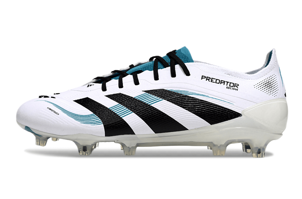 Chuteira Adidas Predator Elite FG - Branca e Azul com design moderno e tecnologia de controle para jogadas precisas.