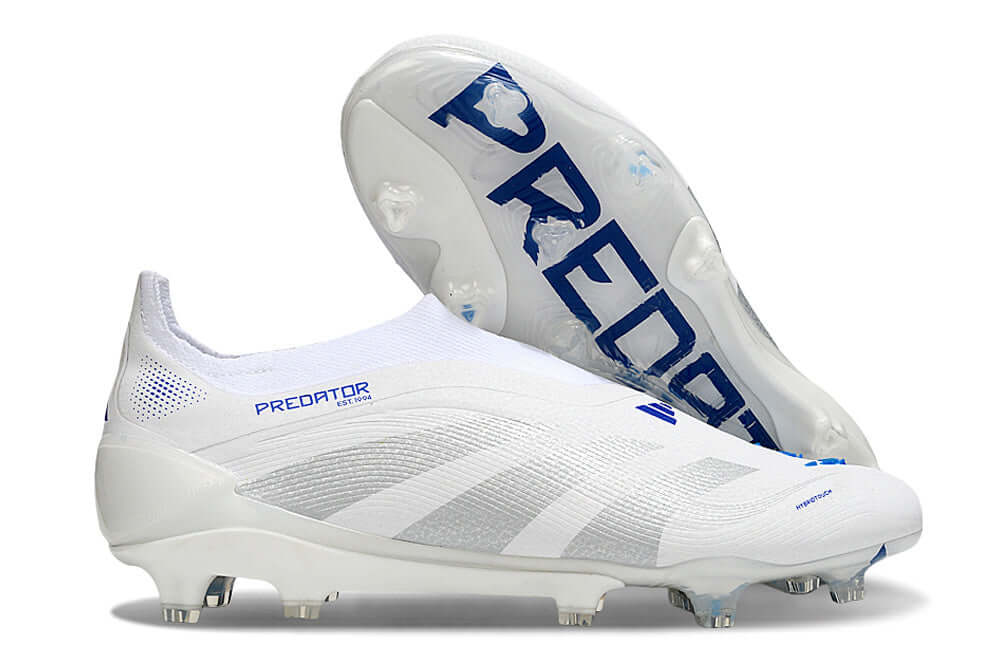 Chuteira Adidas Predator Elite FG - Branca e Azul com design moderno e performance otimizada para campo.