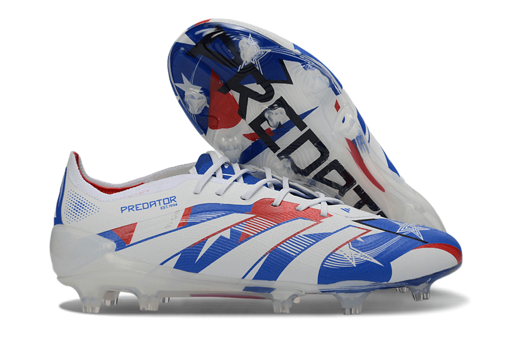 Chuteira Adidas Predator Elite FG - Branca e Azul com design moderno e alta performance em campo.
