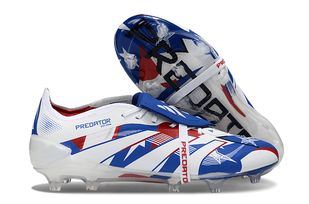 Chuteira Adidas Predator Elite FG Tongue Branca, Azul - design clássico e desempenho em campo.