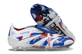 Chuteira Adidas Predator Elite FG Tongue Branca, Azul - design clássico e desempenho em campo.