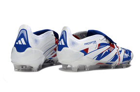 Chuteira Adidas Predator Elite FG Tongue Branca, Azul vista traseira mostrando design sofisticado e tecnológico.