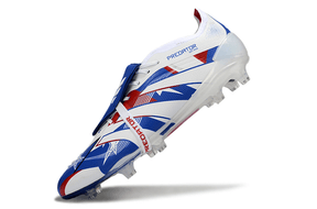 Chuteira Adidas Predator Elite FG Tongue Branca, Azul em ângulo, destacando o design elegante e a tecnologia de ponta.