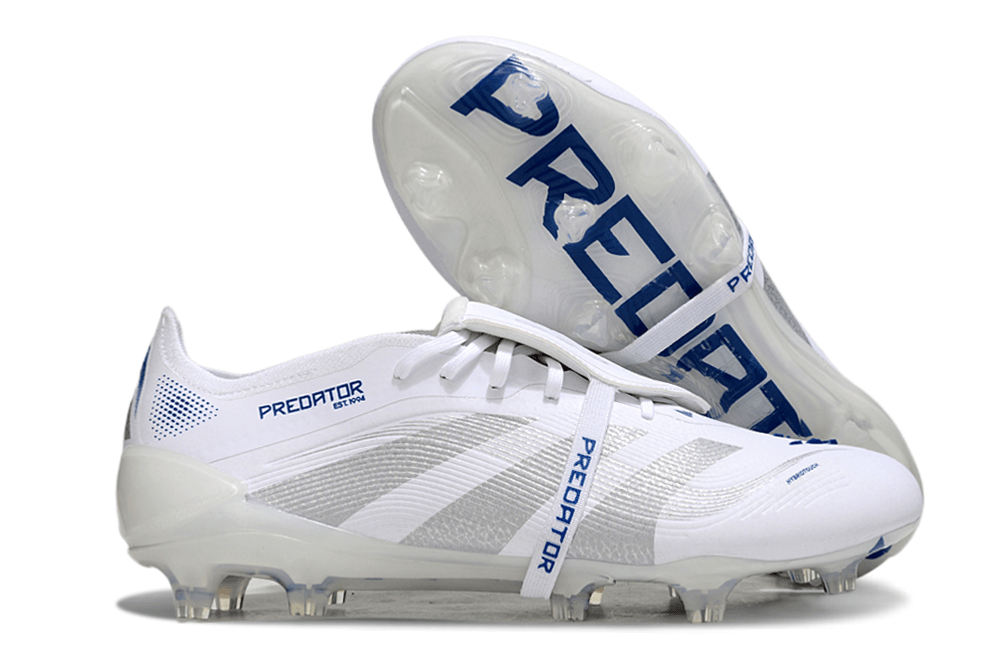 Chuteira Adidas Predator Elite FG Tongue Branca e Azul com design moderno e tecnologia de ponta.