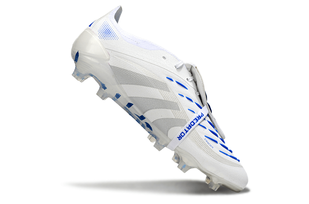 Chuteira Adidas Predator Elite FG Tongue Branca e Azul em design sofisticado com tecnologia de ponta.