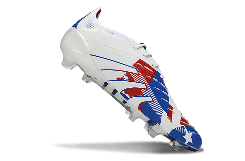 Chuteira Adidas Predator Elite FG - Branca e Azul em ângulo, destacando seu design e cores vibrantes.