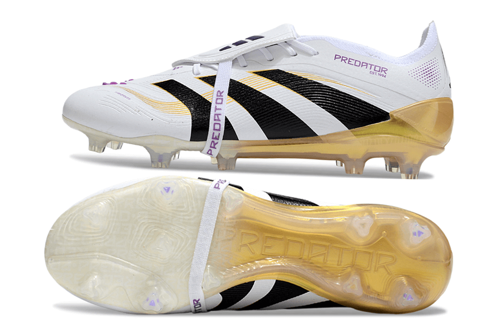 Chuteira Adidas Predator Elite FG Tongue Branca e Dourada em ângulo mostrando design e detalhes de estilo