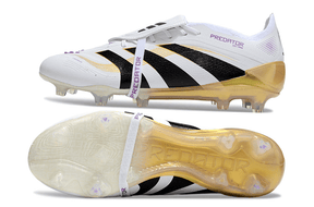 Chuteira Adidas Predator Elite FG Tongue Branca e Dourada em ângulo mostrando design e detalhes de estilo