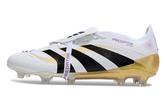 Chuteira Adidas Predator Elite FG Tongue Branca e Dourada com design premium para desempenho em campo.