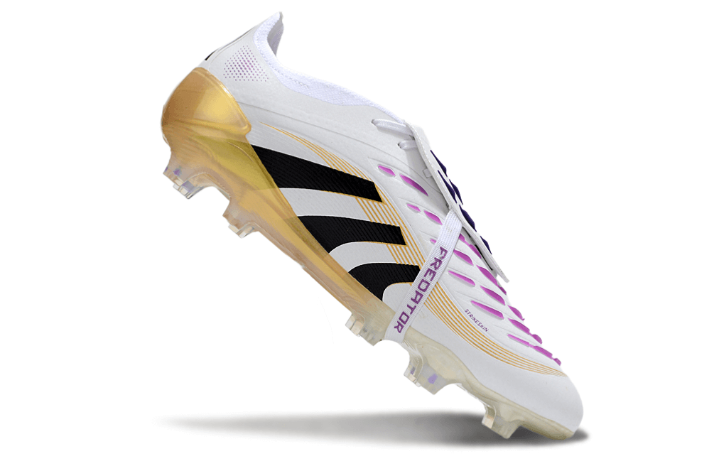 Chuteira Adidas Predator Elite FG Tongue Branca e Dourada em ângulo lateral, destacando design elegante e tecnologia de ponta.