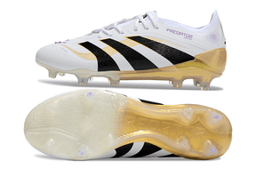 Chuteira Adidas Predator Elite FG - Branca e Dourada, com design icônico e solado FG para aderência.