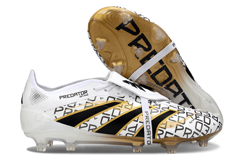 Chuteira Adidas Predator Elite FG Tongue Branca e Dourada com detalhes em preto e dourado.