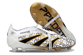 Chuteira Adidas Predator Elite FG Tongue Branca e Dourada com detalhes em preto e dourado.
