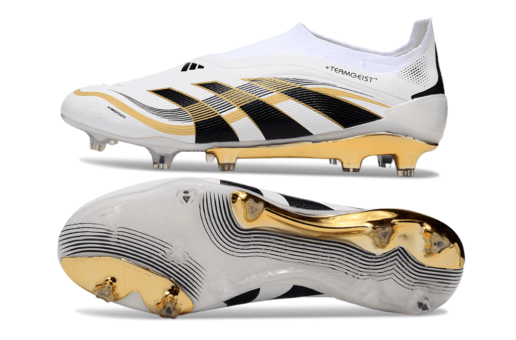 Chuteira Adidas Predator Elite FG - Branca e Dourada "Teamgeist" com design icônico e sola dourada.