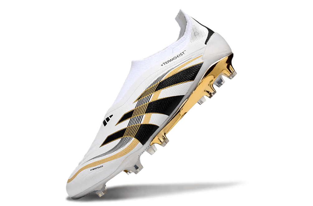 Chuteira Adidas Predator Elite FG - Branca e Dourada "Teamgeist" com design premium e performance de elite.