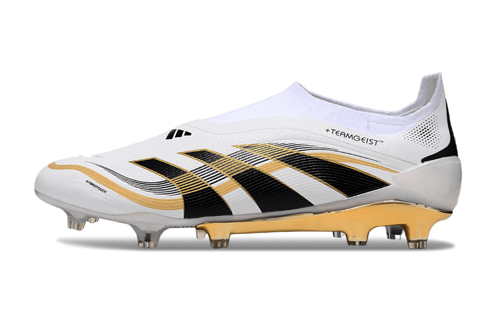 Chuteira Adidas Predator Elite FG - Branca e Dourada "Teamgeist" com design premium e tecnologia de ponta.