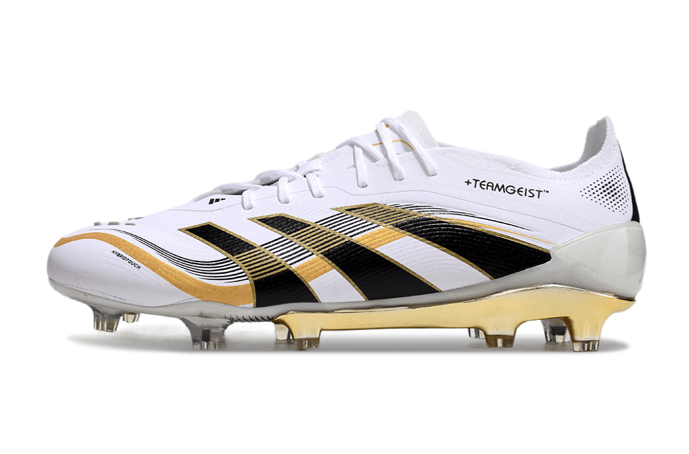 Chuteira Adidas Predator Elite FG - Branca e Dourada "Teamgeist" com design premium e sola FG para futebol.