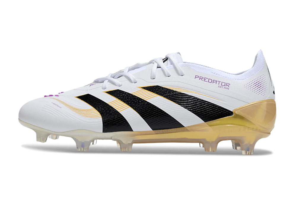 Chuteira Adidas Predator Elite FG - Branca e Dourada com detalhes em preto e dourado, ideal para campos de futebol.