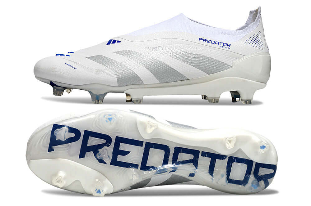 Chuteira Adidas Predator Elite FG - Branca e Azul com design elegante e moderno para desempenho em campo.
