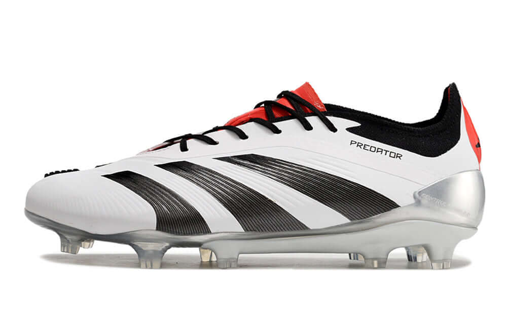 Chuteira Adidas Predator Elite FG - Branca e Preta em design elegante com detalhes em vermelho.