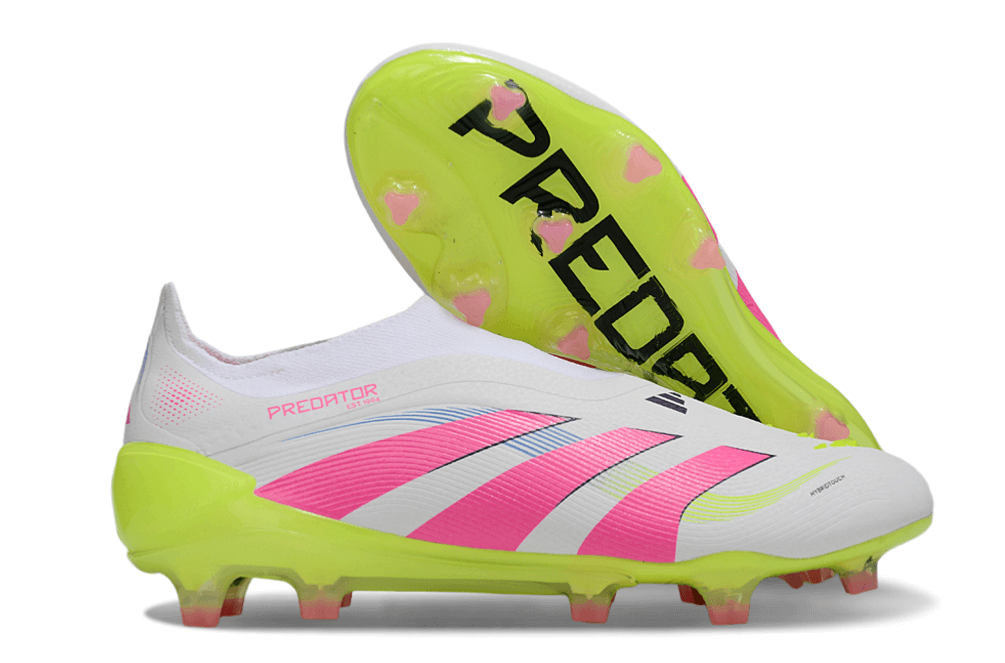 Chuteira Adidas Predator Elite FG - Branca, Rosa e Amarela com design tricolor vibrante e solado FG.