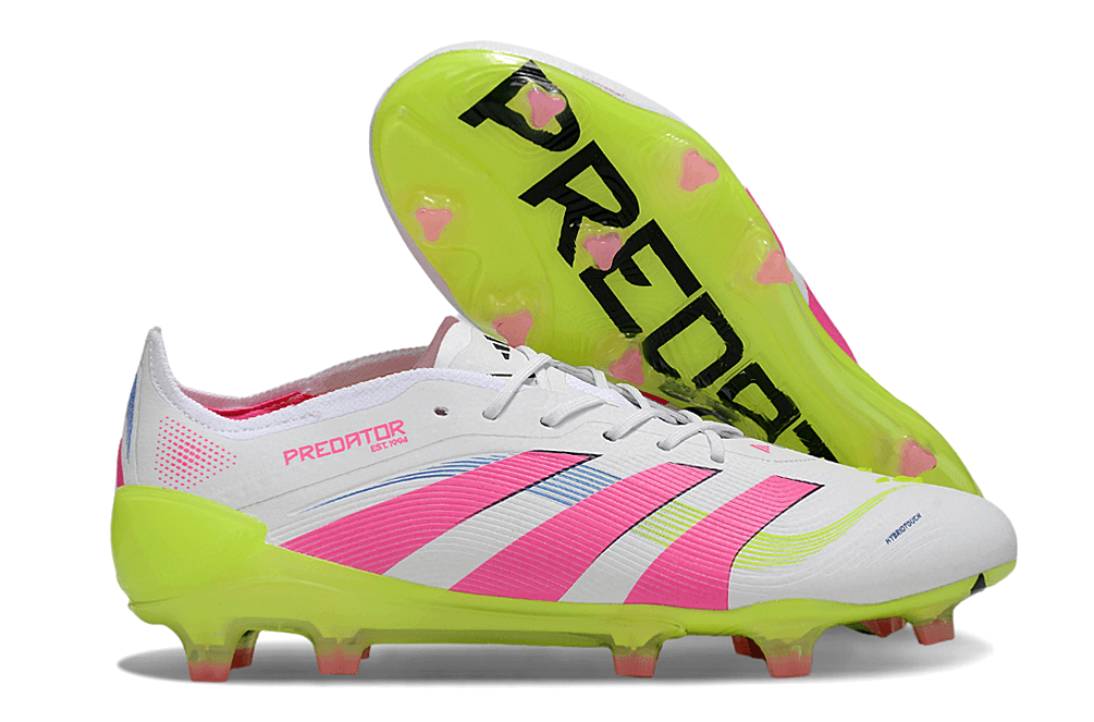 Chuteira Adidas Predator Elite FG - Branca, Rosa e Amarela com solado vibrante.
